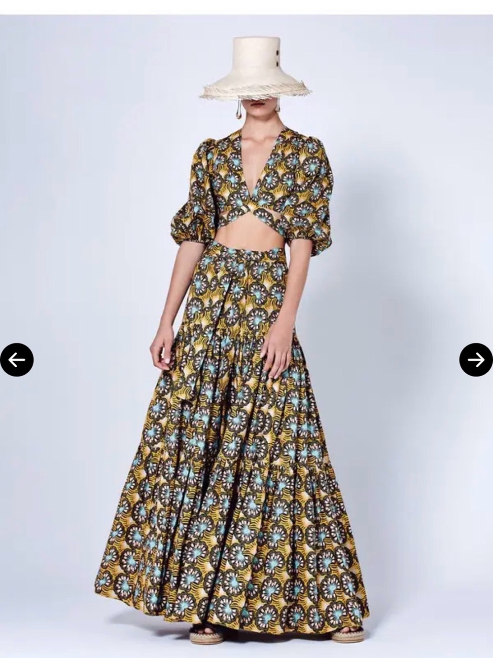 EUC Rare Alexis Golden Teal Graphic Print Floral Cutout Wrap Crop Skirt Set Sz M